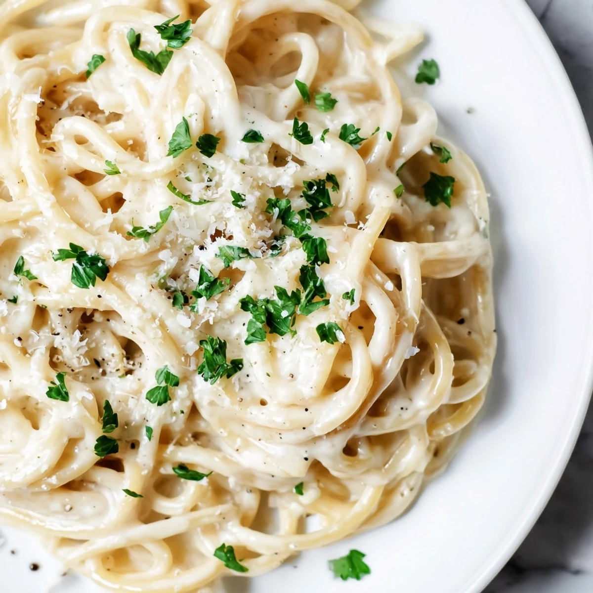 Twirled forkful of Cheesy Garlic Parmesan Spaghetti showcasing the velvety garlic cream sauce and melted mozzarella