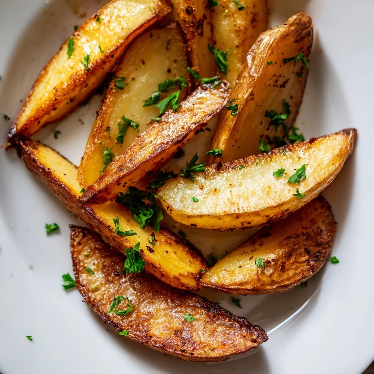 Golden air fryer potato wedges seasoned with paprika and garlic powder arranged on a white serving plate