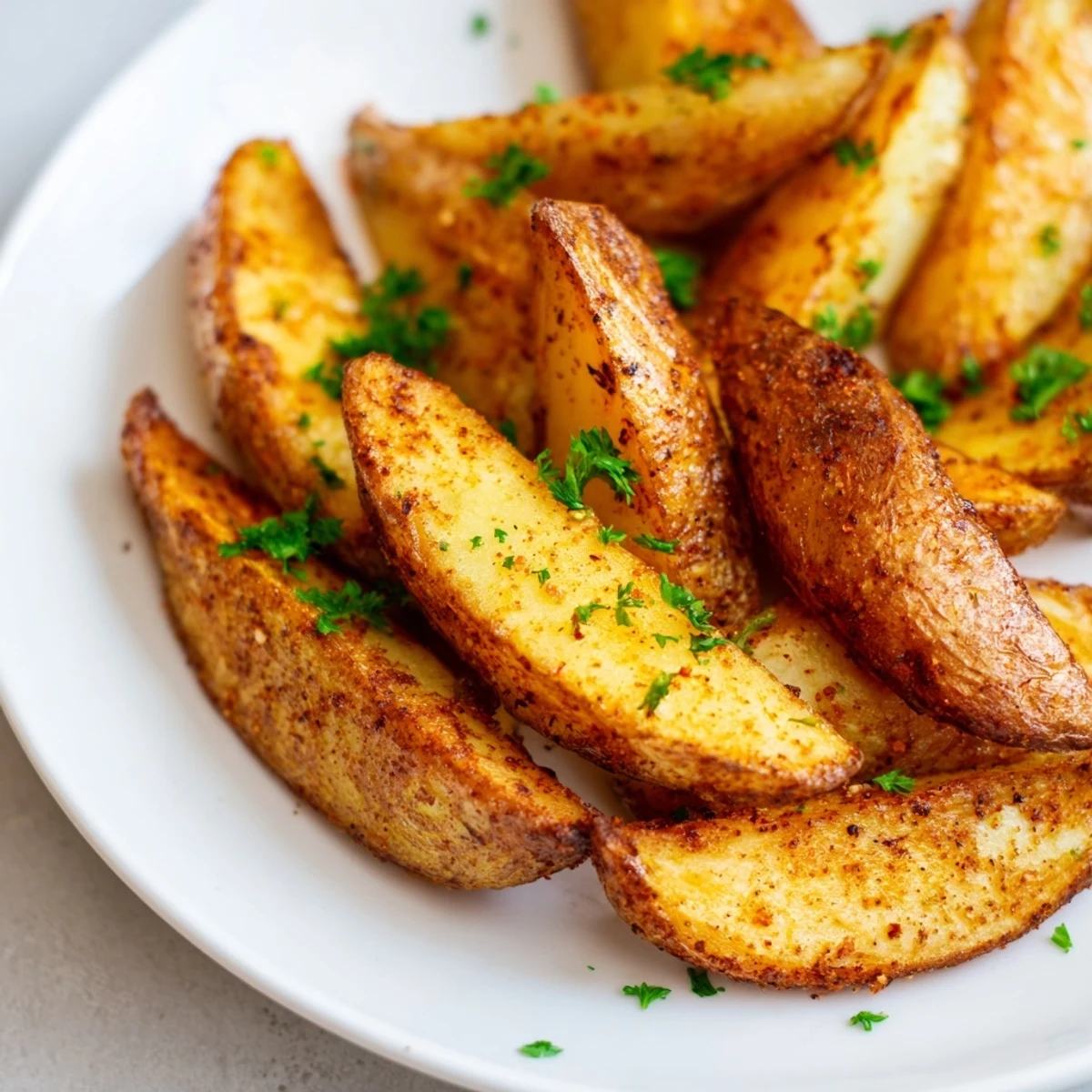 Basket of crispy potato wedges fresh from the air fryer with fluffy interiors and golden brown exteriors