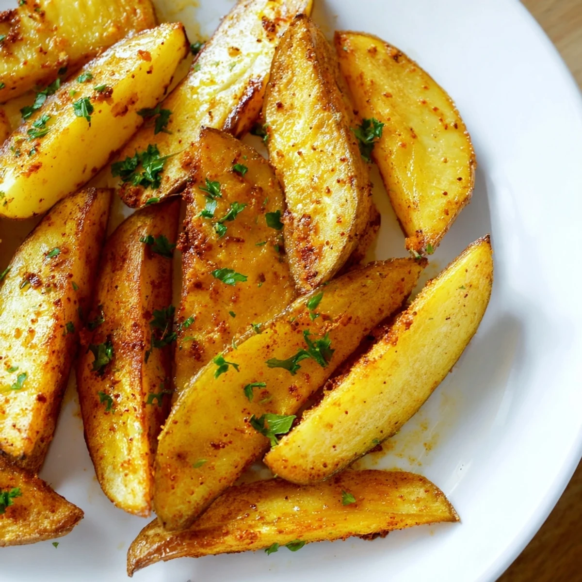 Heap of seasoned air fryer potato wedges garnished with fresh chopped parsley alongside a small dipping sauce bowl