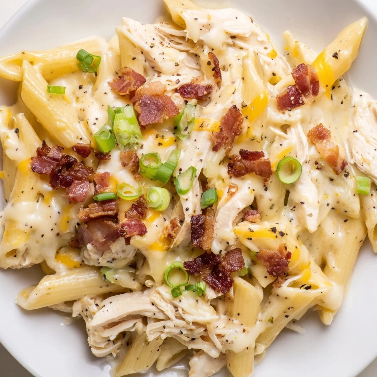 Creamy crack chicken pasta topped with crispy bacon and melted cheddar cheese in a white bowl