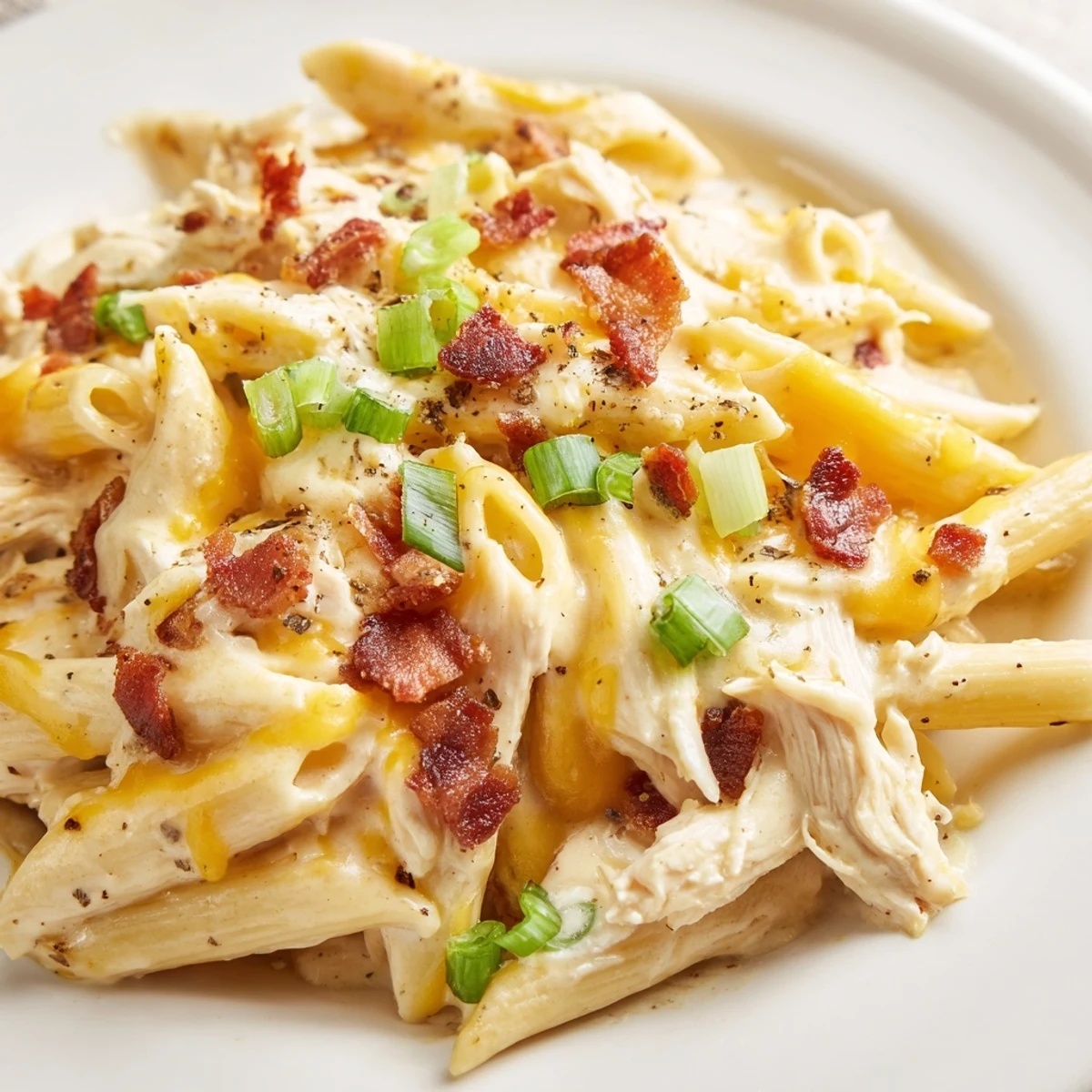 Steaming plate of crack chicken pasta featuring tender shredded chicken and ranch sauce