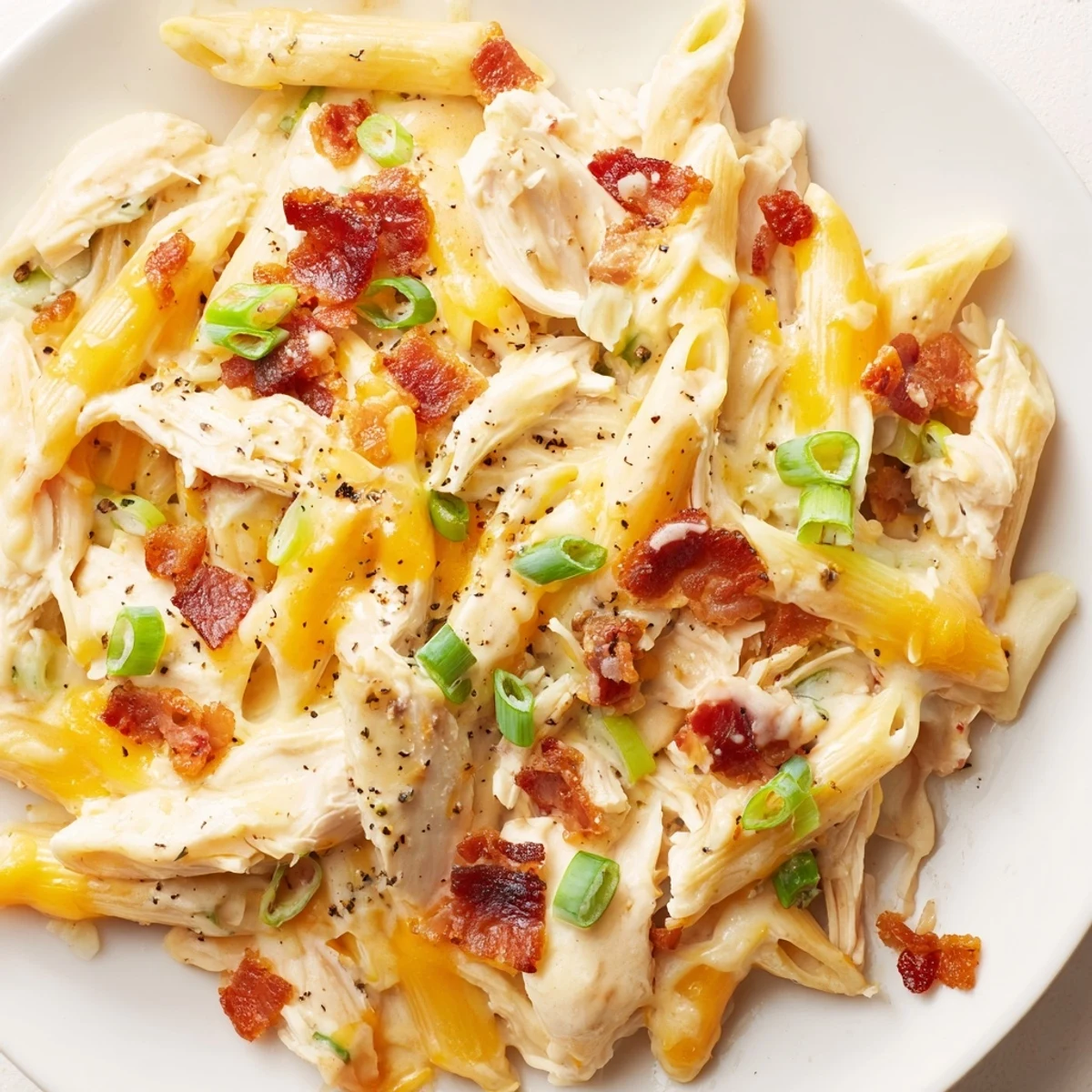 Comforting crack chicken pasta dish garnished with green onions and parmesan cheese