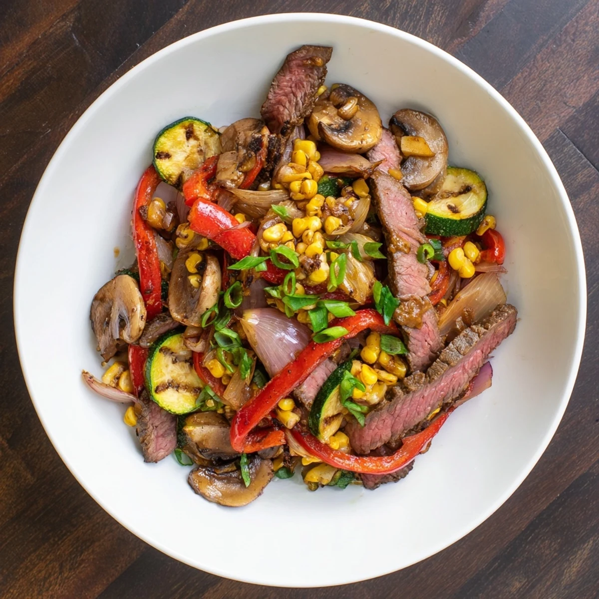 Rustic Blackstone cowboy stir fry featuring smoky caramelized steak and crisp vegetables in a glossy sauce