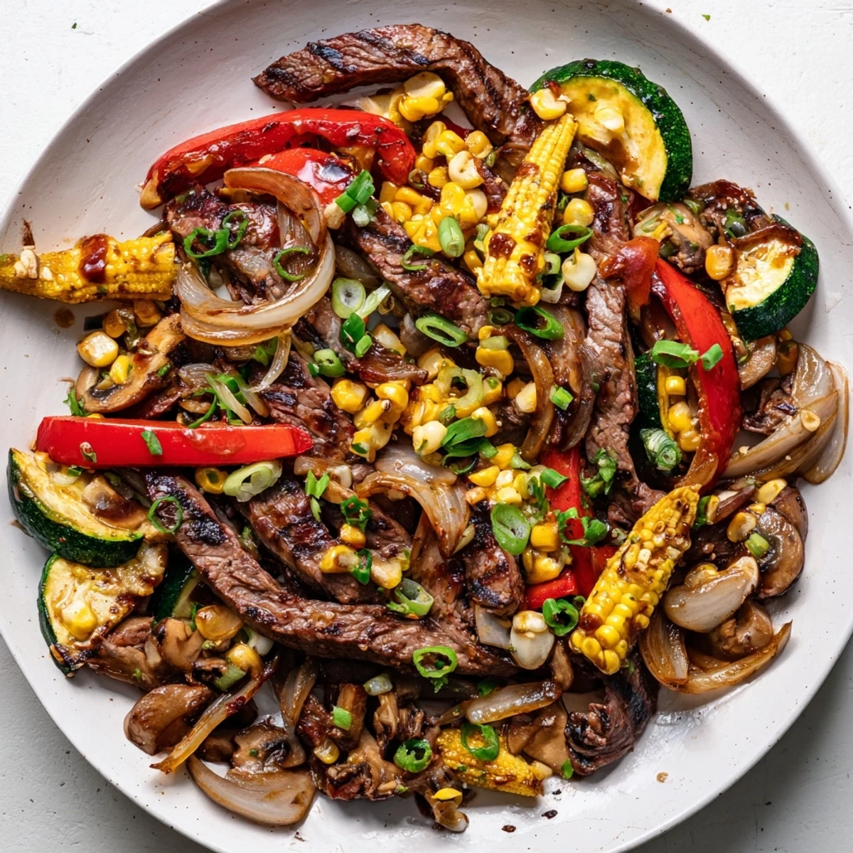 Sizzling Blackstone griddle packed with tender beef, peppers, and onions in this smoky cowboy stir fry