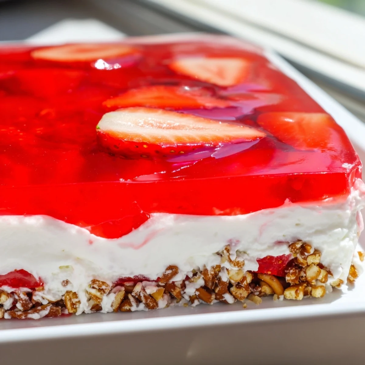 Glass dish of layered Strawberry Crackle Salad with bright red strawberries atop creamy white filling
