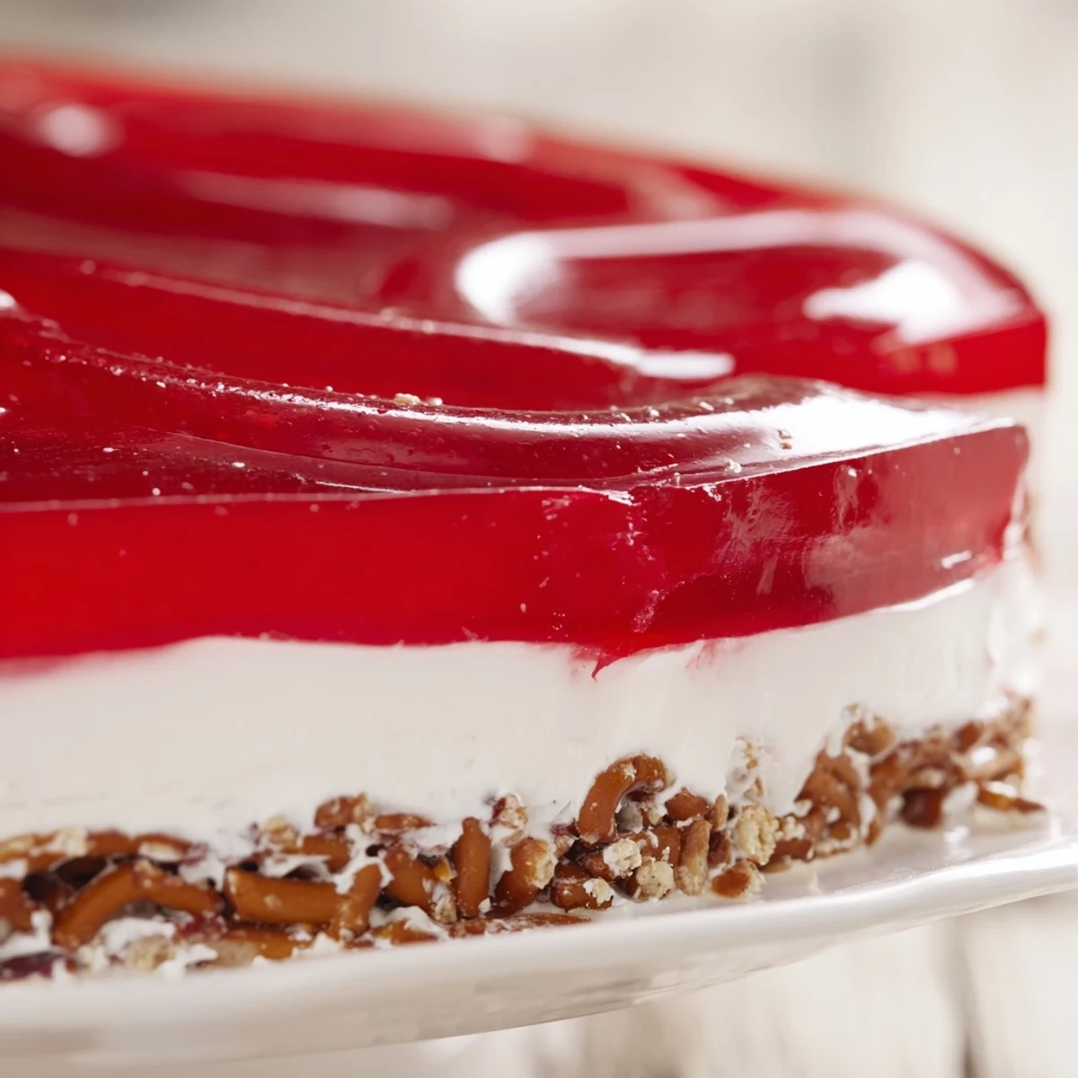 Golden pretzel crust base supporting three layers of Strawberry Crackle Salad with fresh strawberry slices