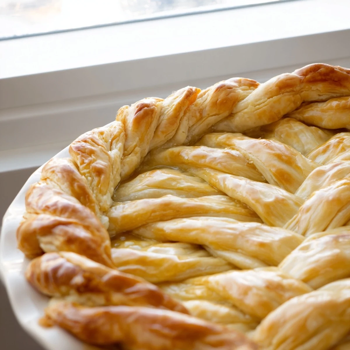 Golden brown fishtail braid pie crust with woven pastry edges on a classic American dessert plate