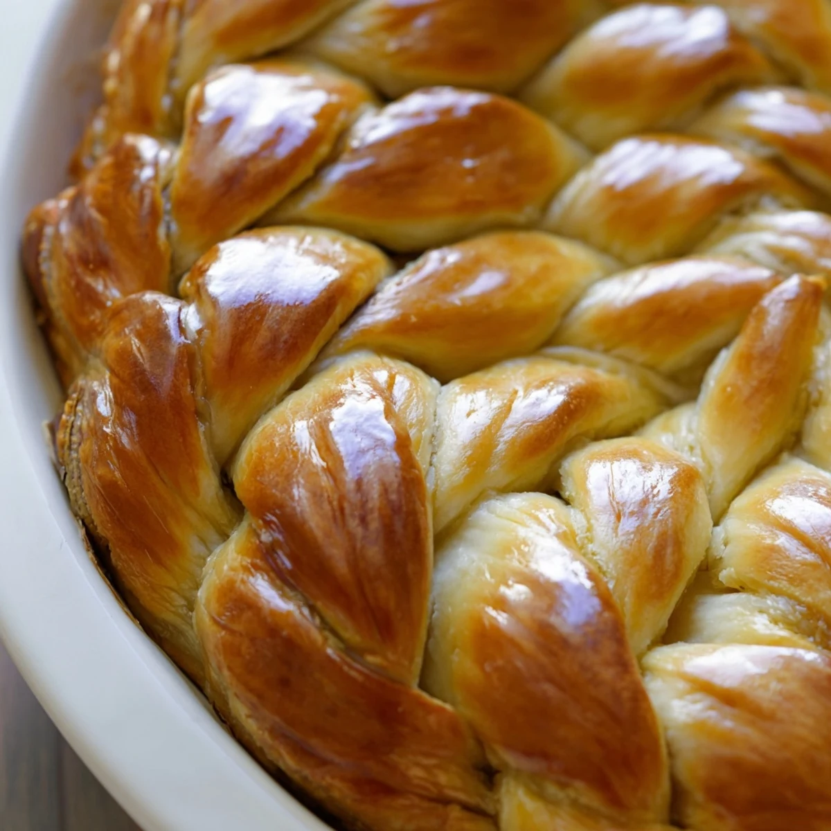 Flaky homemade pie crust featuring an intricate fishtail braid border brushed with egg wash for shine