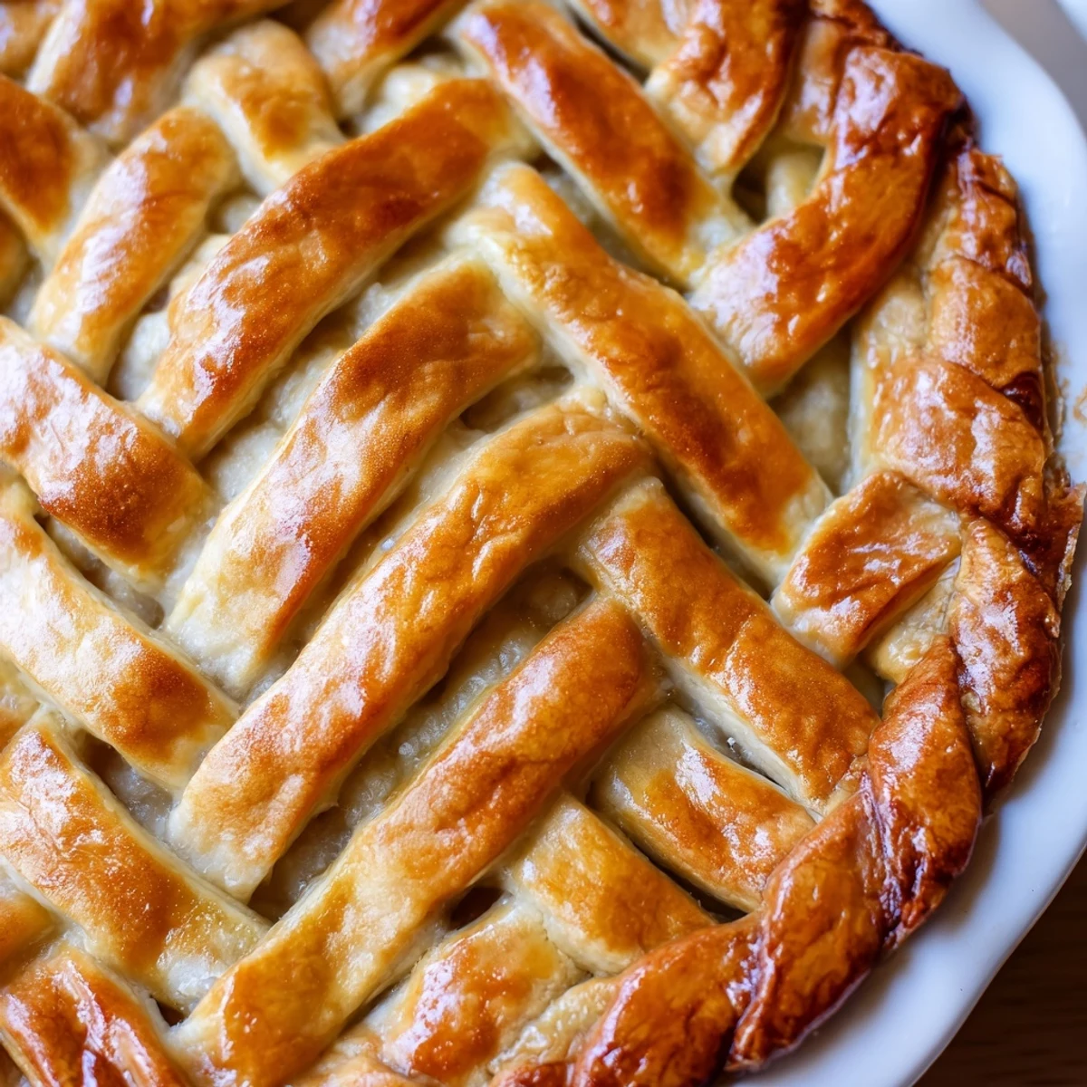 Detailed close-up of woven four-strand fishtail braid decorating the rim of a buttery golden pastry crust