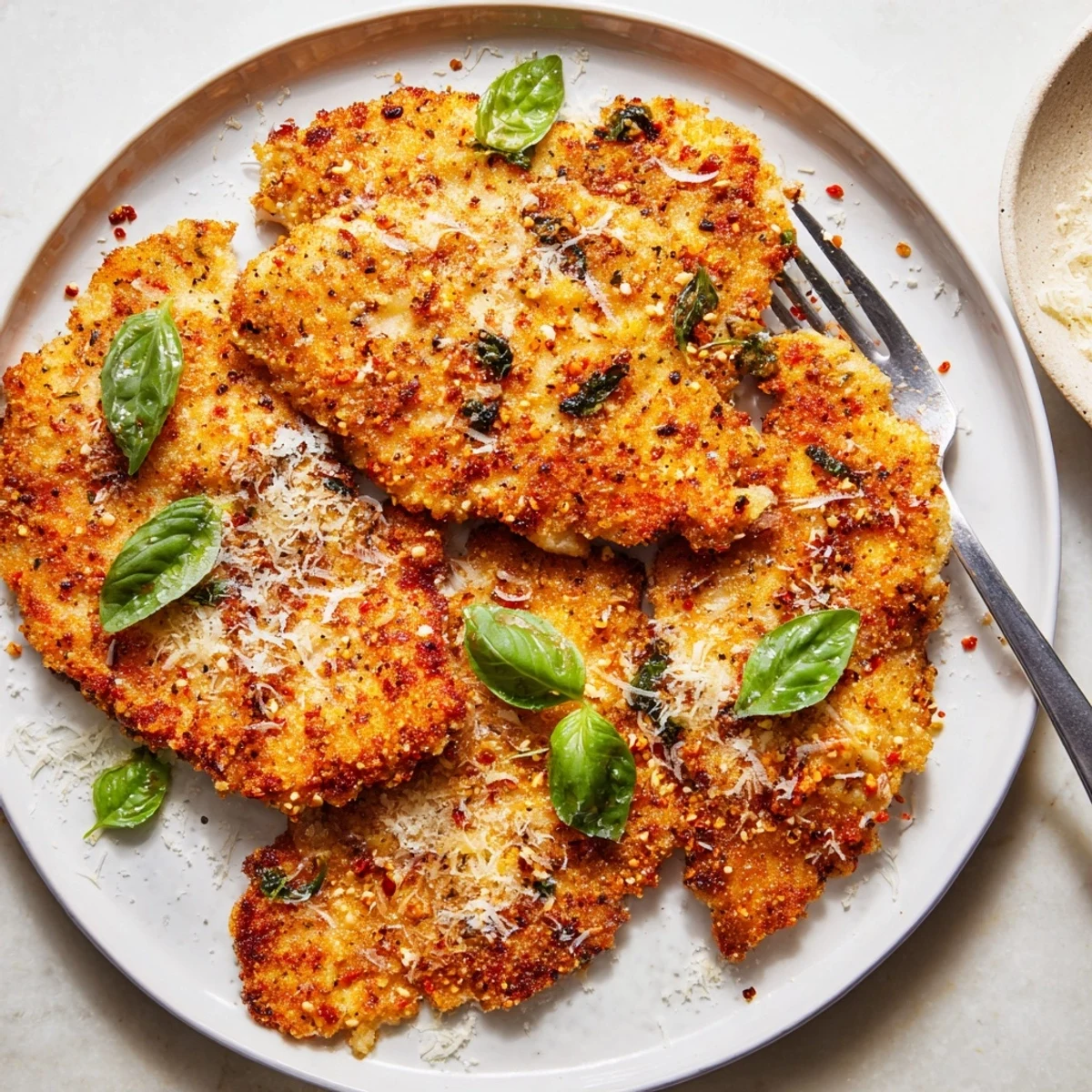 Golden Parmesan basil chicken cutlets served on a white plate with fresh basil garnish
