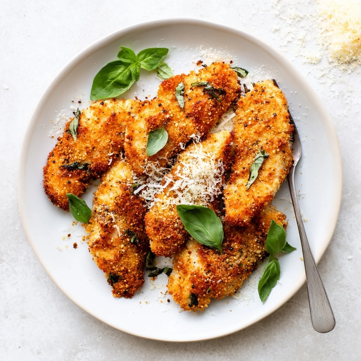 Crispy pan-fried chicken cutlets coated with Parmesan and fresh basil, ready for dinner