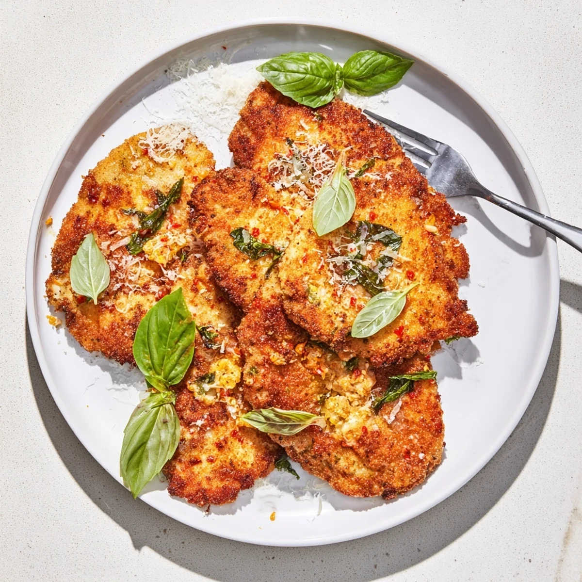 Breaded chicken breast cutlets with melted Parmesan cheese and green basil sprinkles on top