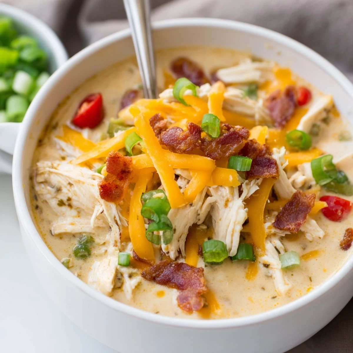Creamy spicy jalapeno popper chicken soup topped with crispy bacon crumbles and melted cheddar cheese