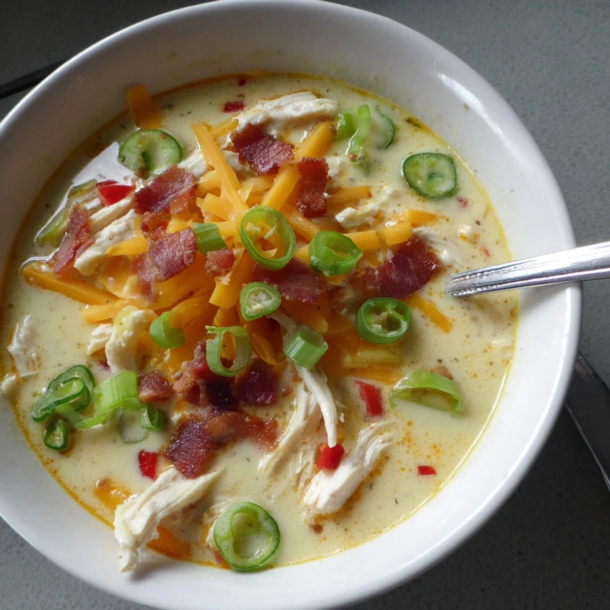Steaming bowl of spicy jalapeno popper chicken soup garnished with sliced green onions and extra jalapeños