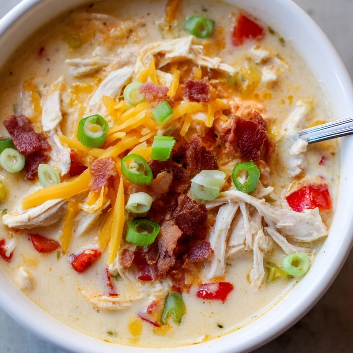 Rich and spicy jalapeno popper chicken soup featuring tender shredded chicken in a velvety cream cheese broth