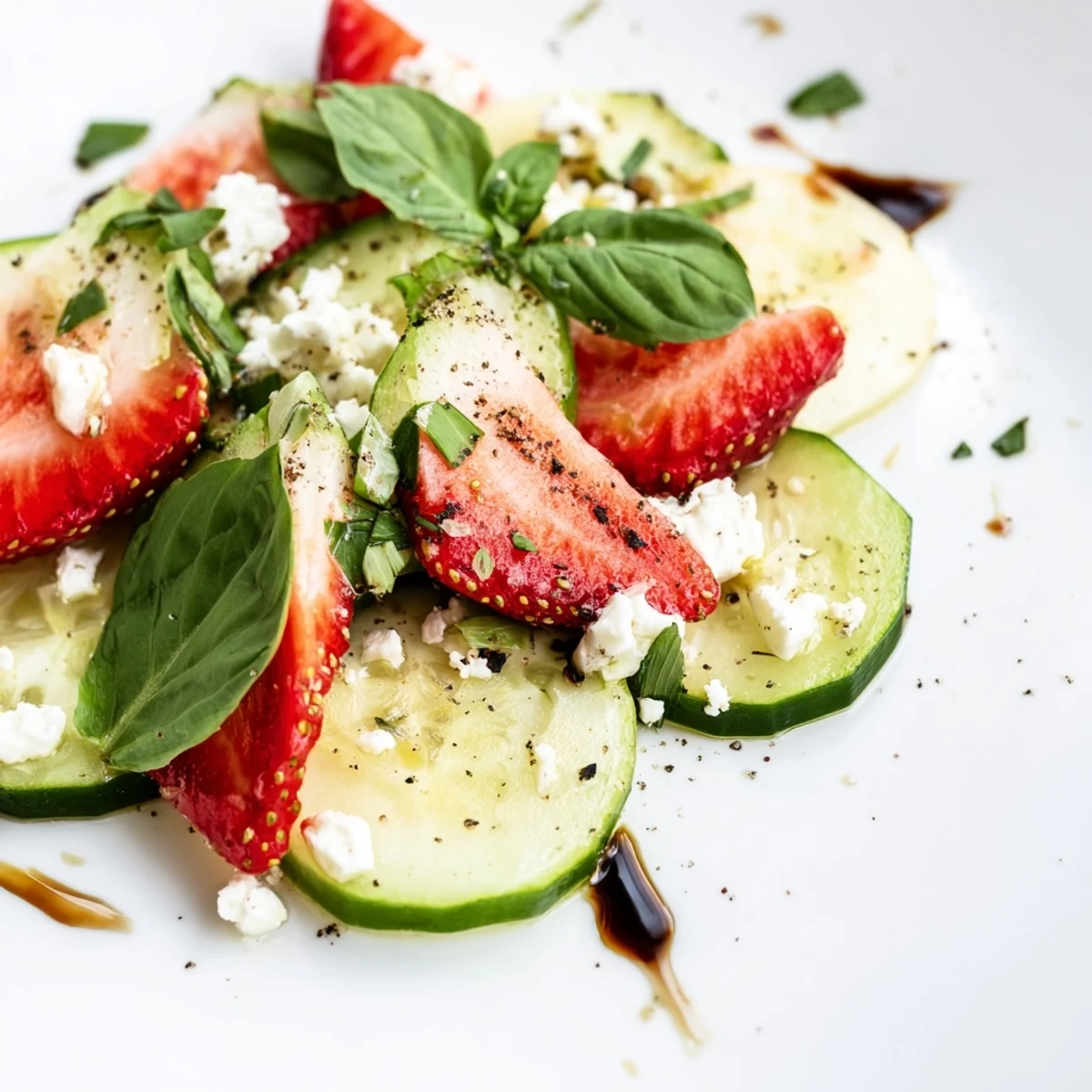 Fresh strawberry cucumber salad with vibrant red berries, crisp cucumber slices, and tangy feta garnish