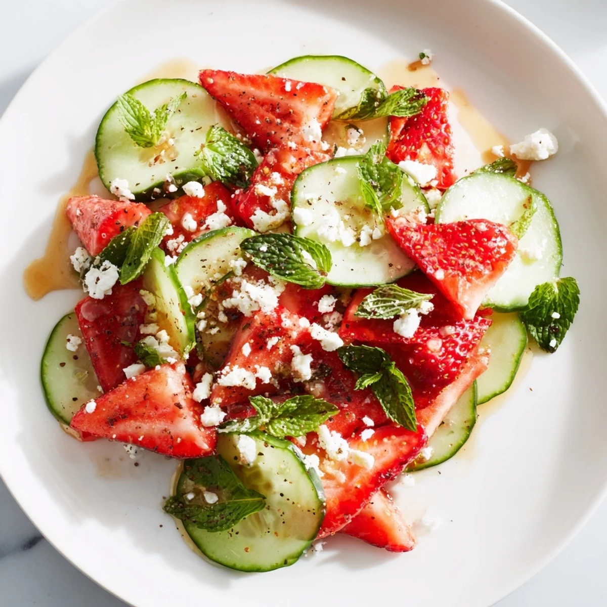 Summer strawberry cucumber salad bowl featuring juicy fruit, fresh mint, basil, and light balsamic dressing