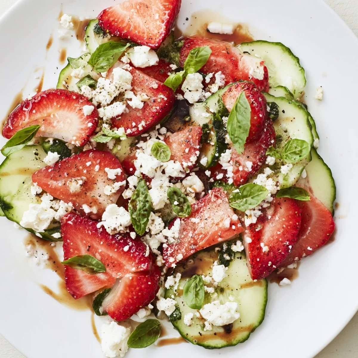 Colorful strawberry cucumber salad plated with crumbled feta, fresh herbs, and zesty citrus vinaigrette