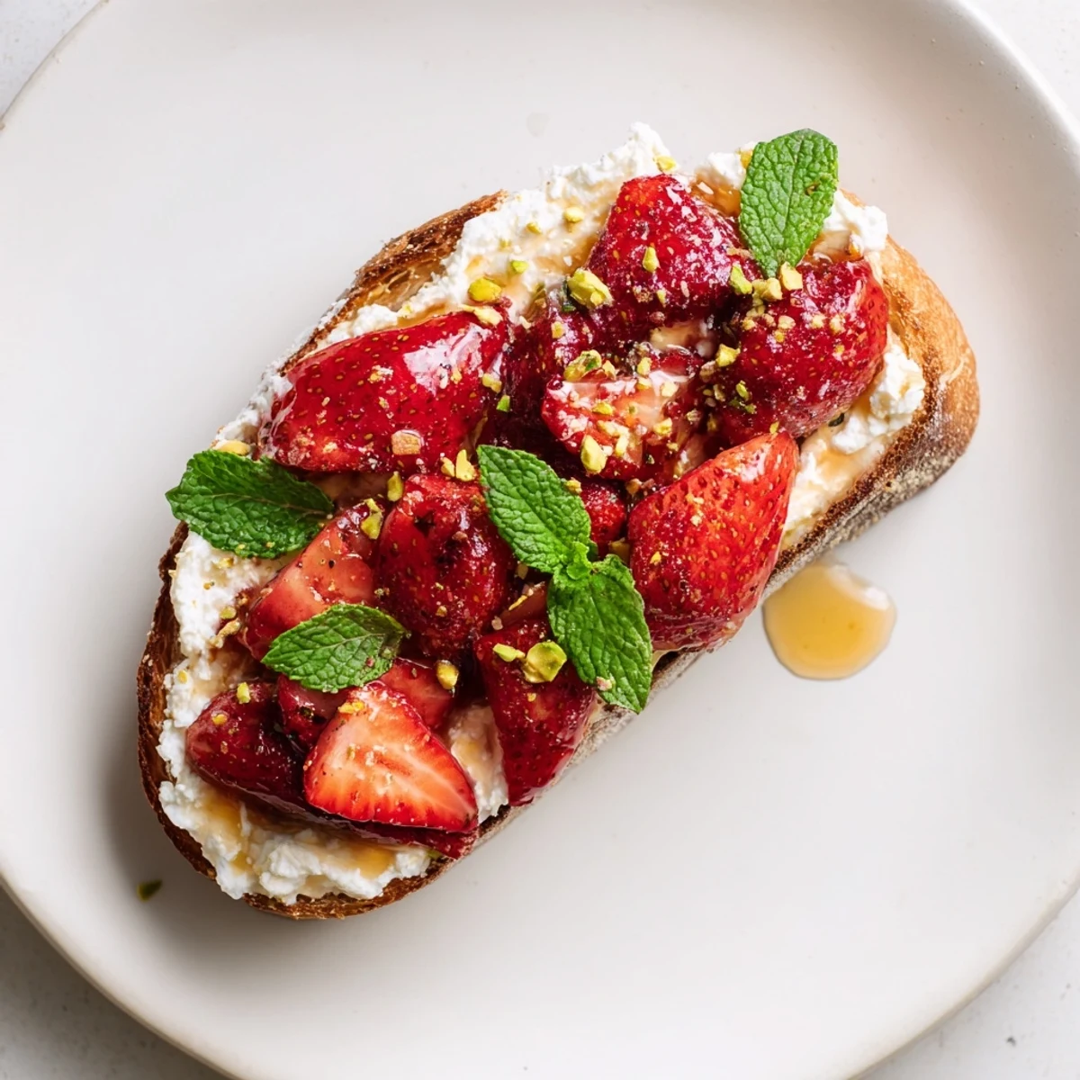 Golden brown artisan toast piled high with fluffy whipped ricotta topped with sweet roasted strawberries