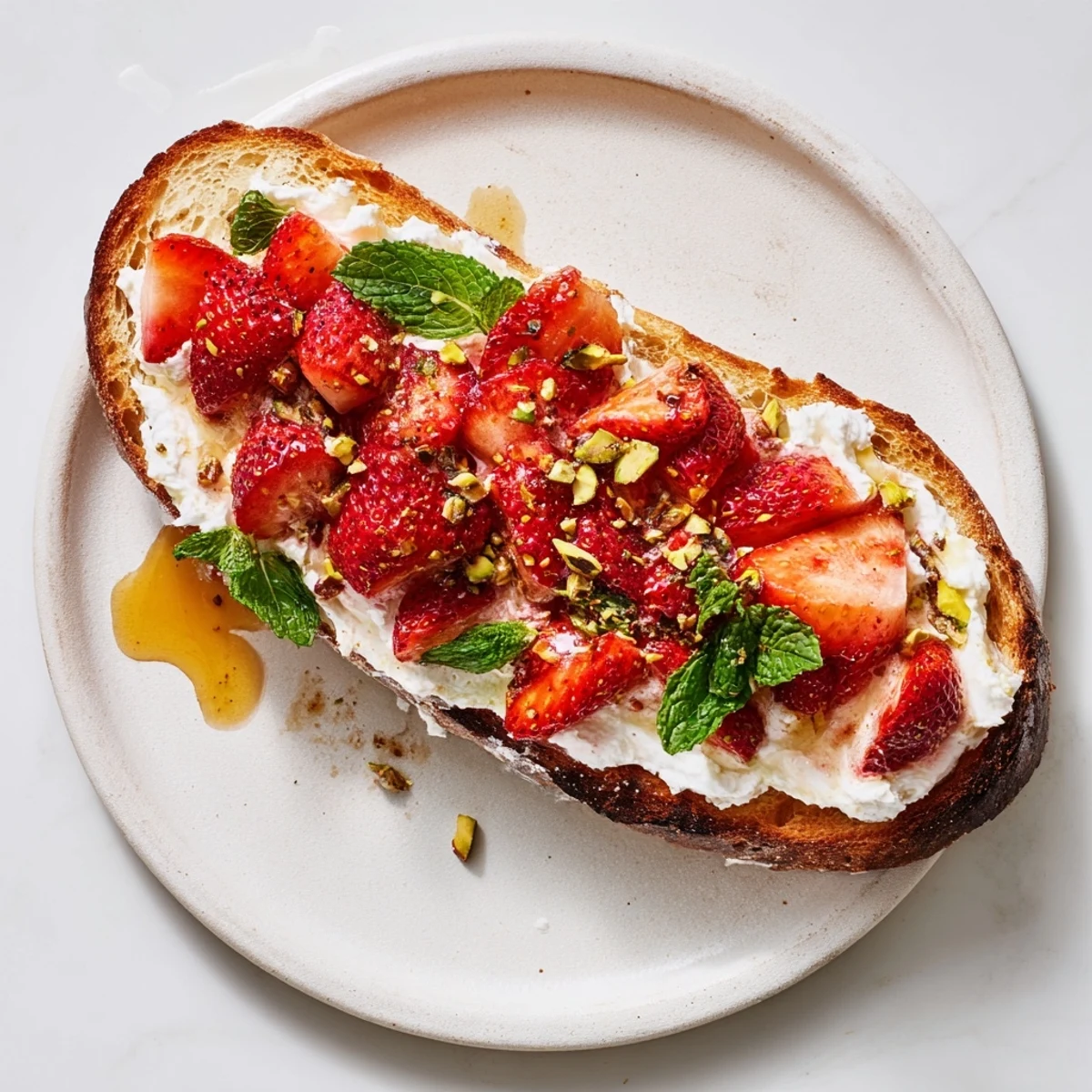 Vibrant brunch toast showcasing honey roasted strawberries atop cloud-like whipped ricotta on crusty sourdough bread