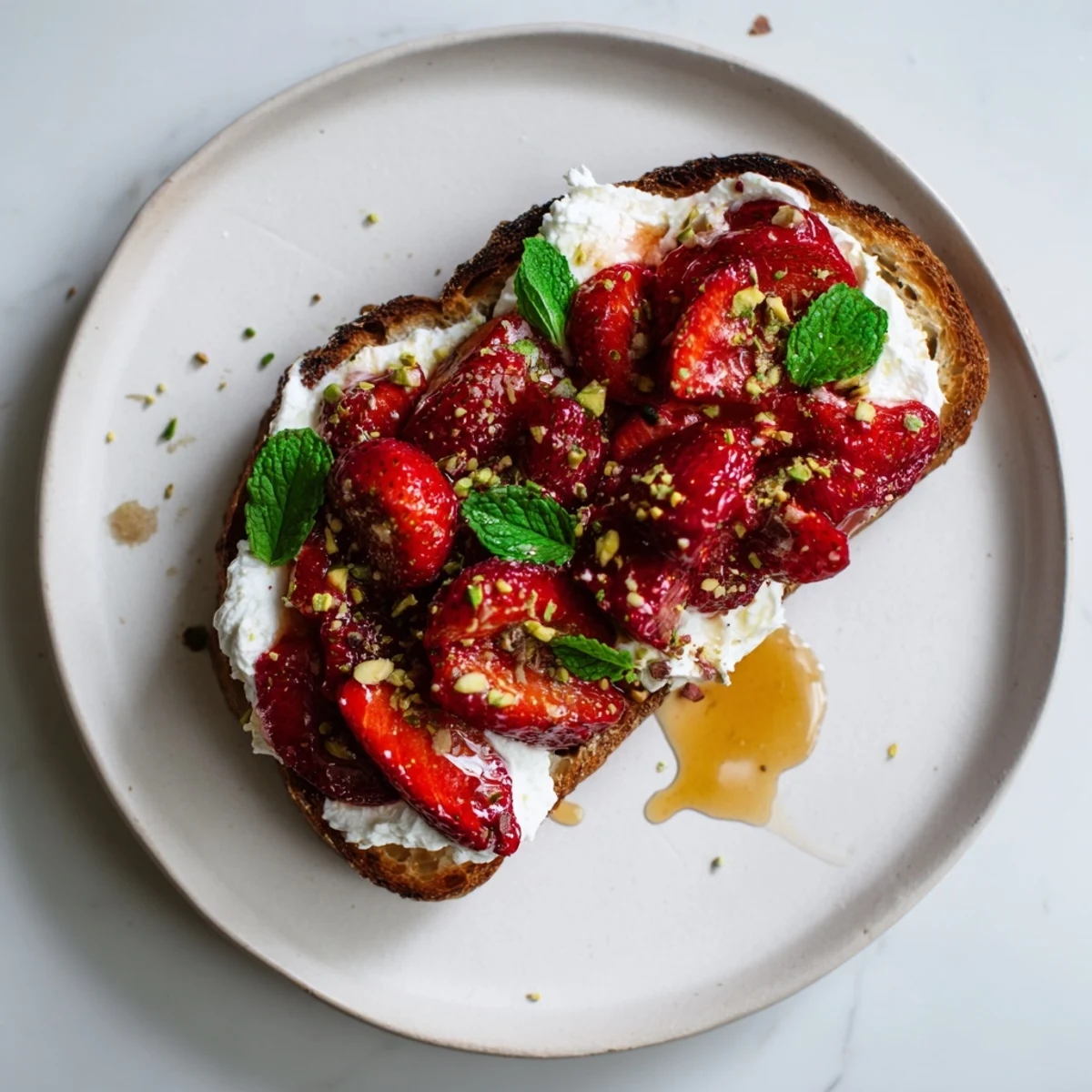 Roasted strawberry whipped ricotta toast featuring juicy syrupy berries over creamy lemon-zested cheese spread