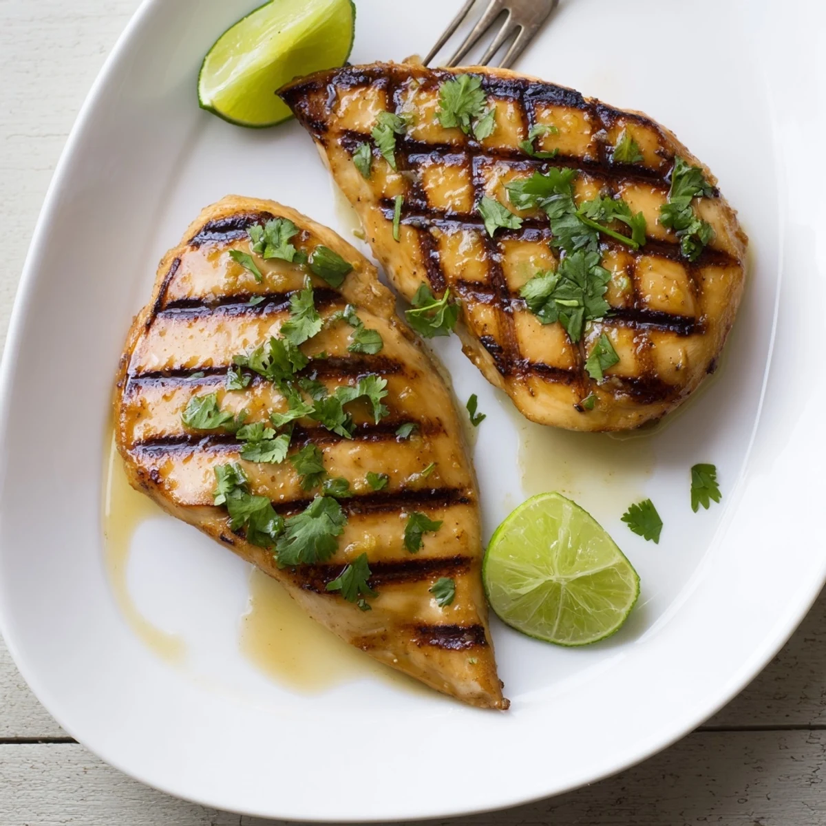 Golden grilled Key West chicken breasts with char marks and fresh cilantro garnish on a white plate