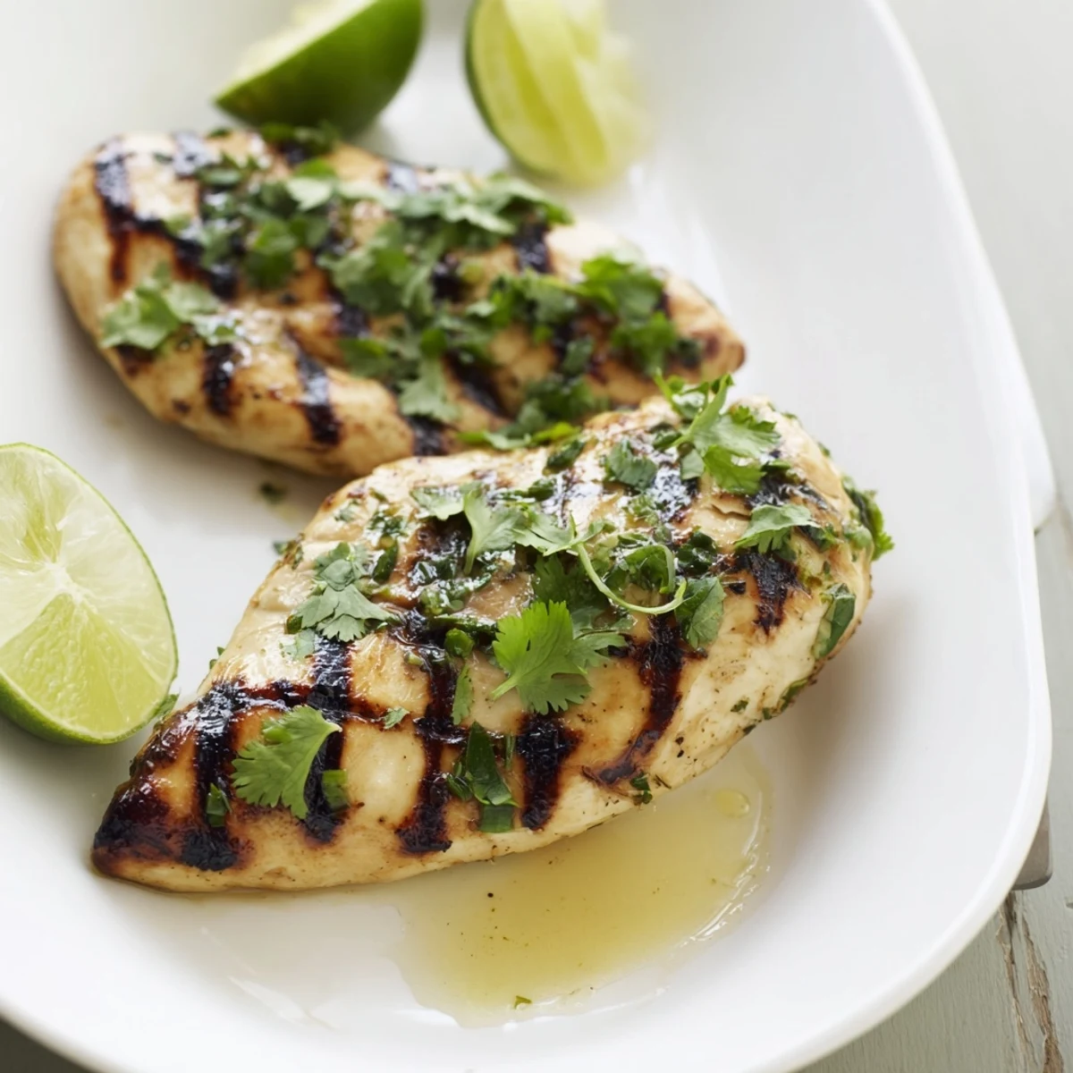Citrus marinated Key West grilled chicken served with lime wedges and vibrant green herbs