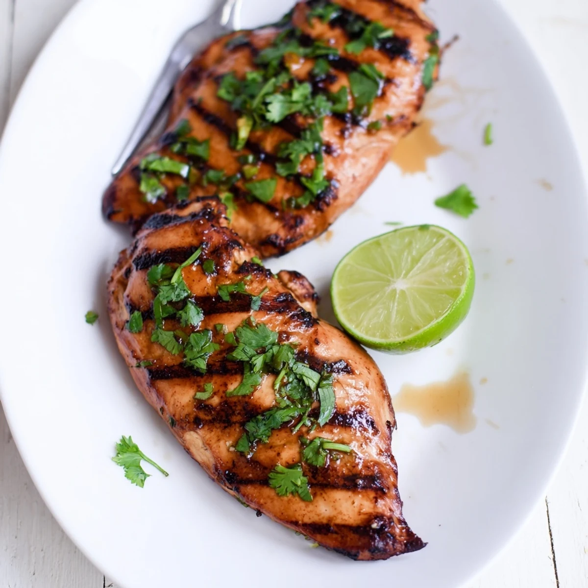 Juicy Key West grilled chicken with beautifully charred exterior and zesty lime finishes on a serving platter