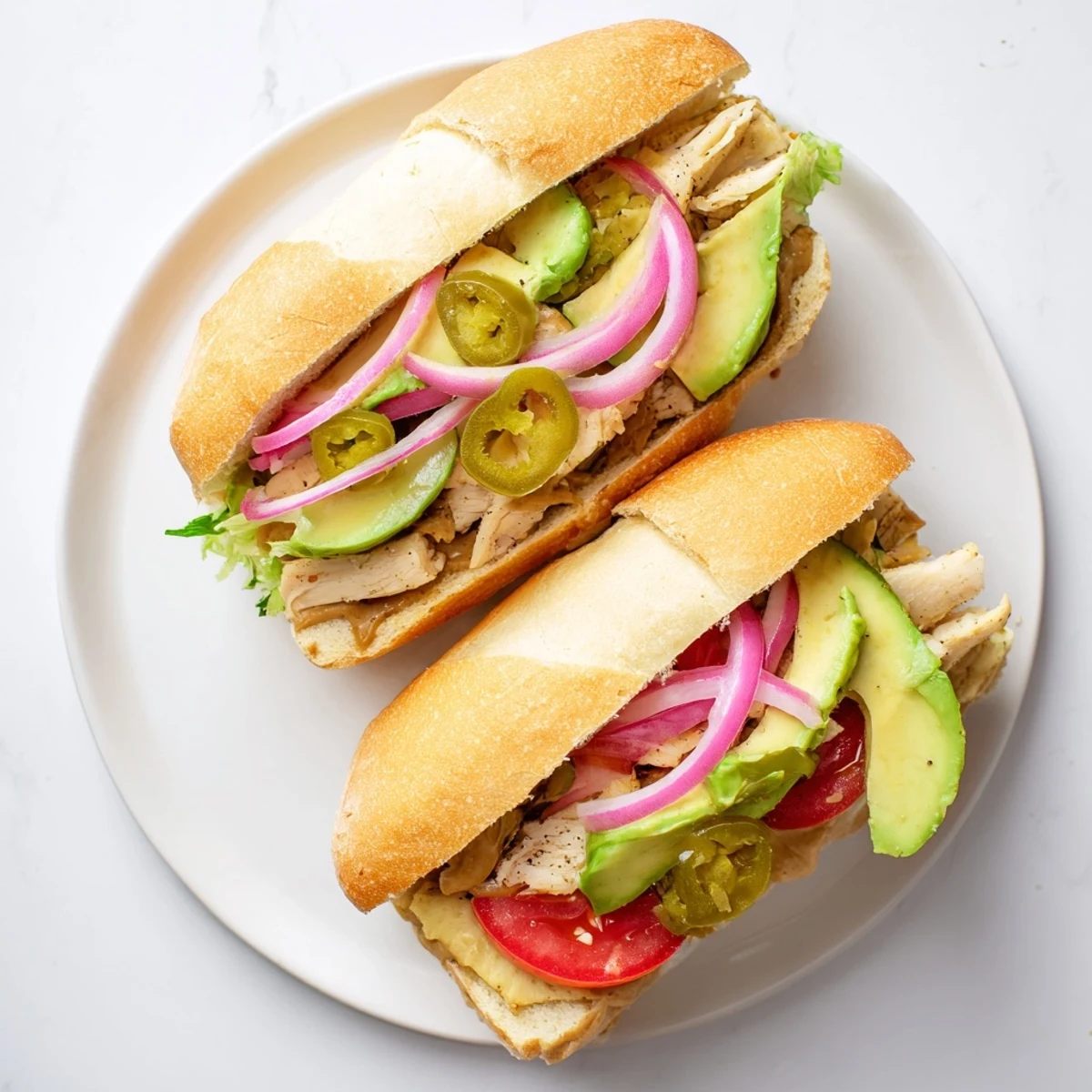 Golden chicken torta sandwich stacked with avocado, tomato, and jalapeños on soft bolillo roll