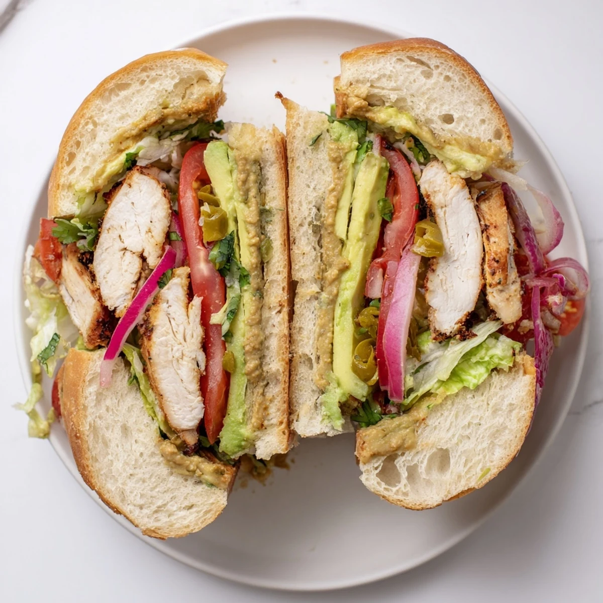 Hearty Mexican chicken torta sandwich featuring marinated grilled chicken and creamy refried beans
