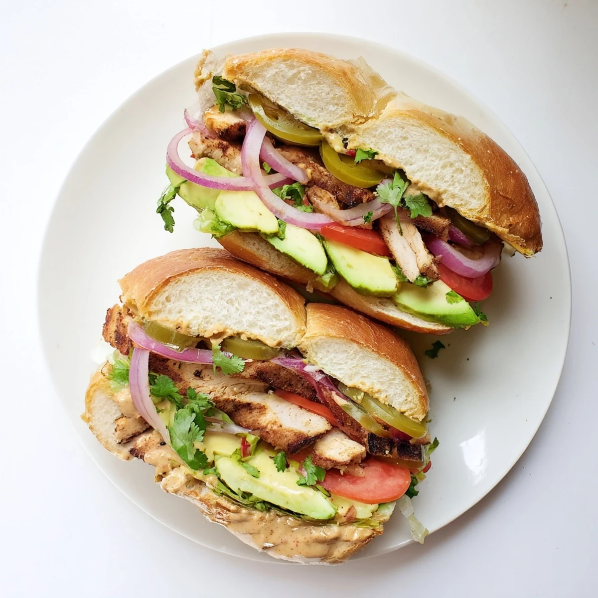 Sliced chicken torta sandwich overflowing with fresh lettuce, onion, and ripe avocado slices