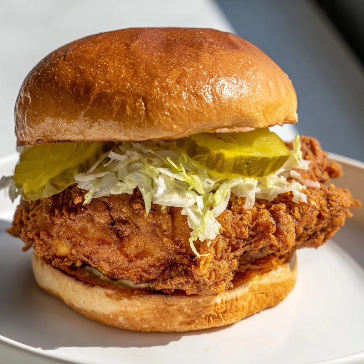 Golden brown pickle brined fried chicken sandwich stacked on toasted brioche bun with crisp lettuce