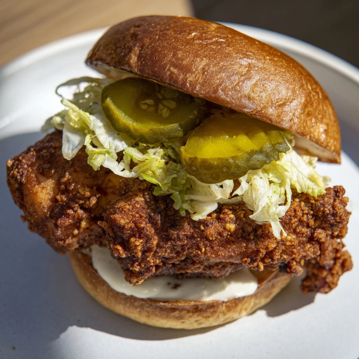Crispy fried chicken breast marinated in dill pickle brine served on soft potato bun with tangy pickles