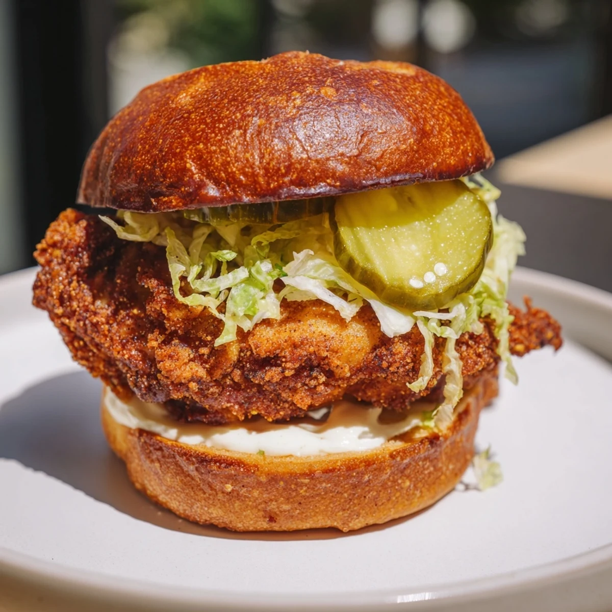 Juicy pickle brined fried chicken sandwich topped with fresh iceberg lettuce and creamy mayo mustard sauce