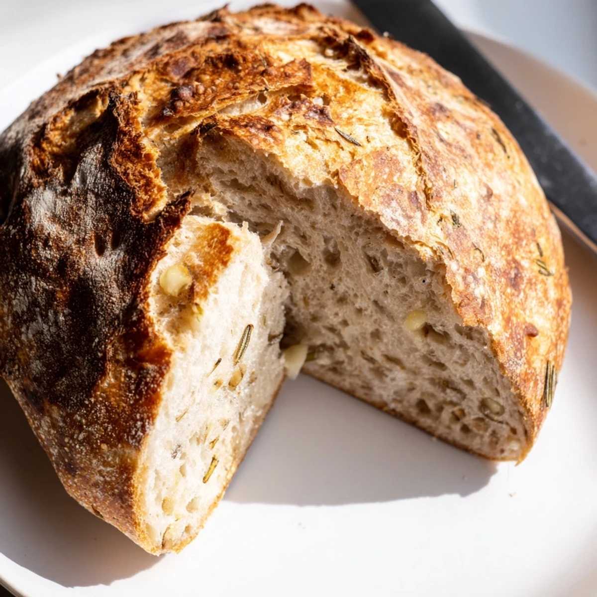 Golden crust loaf of Dutch oven garlic rosemary bread fresh from baking