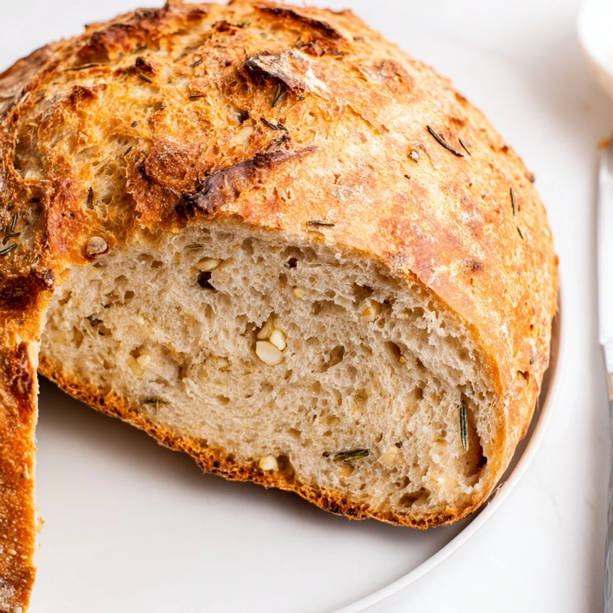 Rustic round bread studded with rosemary and baked in cast iron Dutch oven