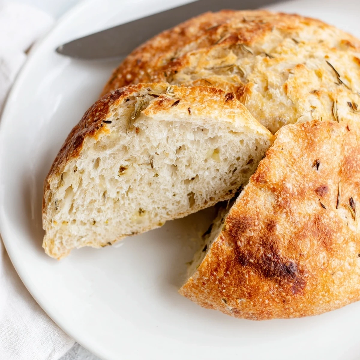 Homemade garlic rosemary bread with crackly crust sliced on wooden cutting board