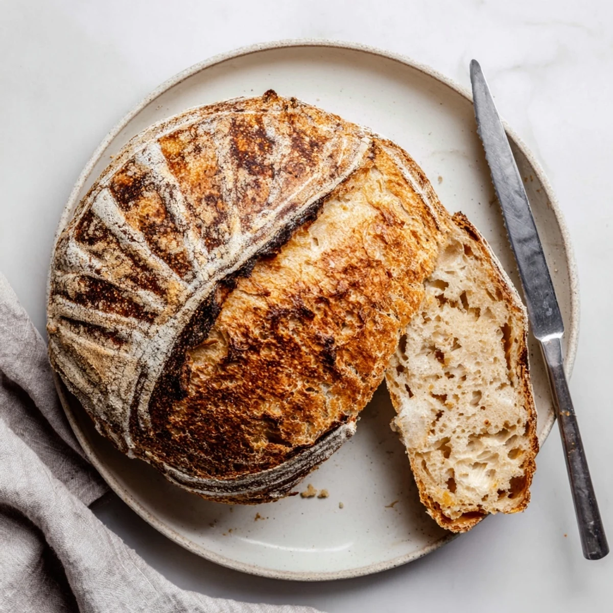 Golden brown sourdough bread with crackly crust, sliced to reveal airy chewy crumb
