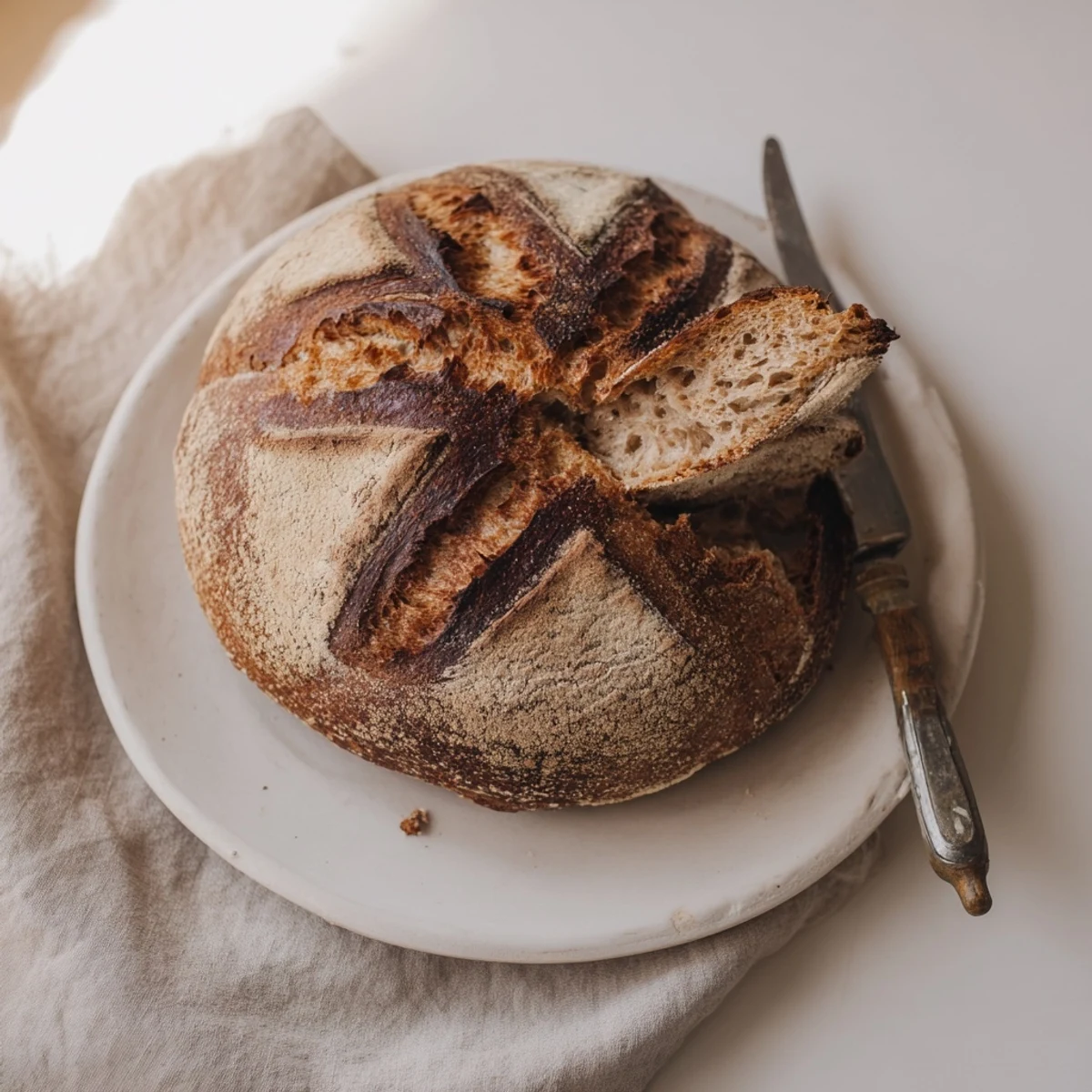 Rustic sourdough loaf dusted with flour, baked in Dutch oven until deeply caramelized