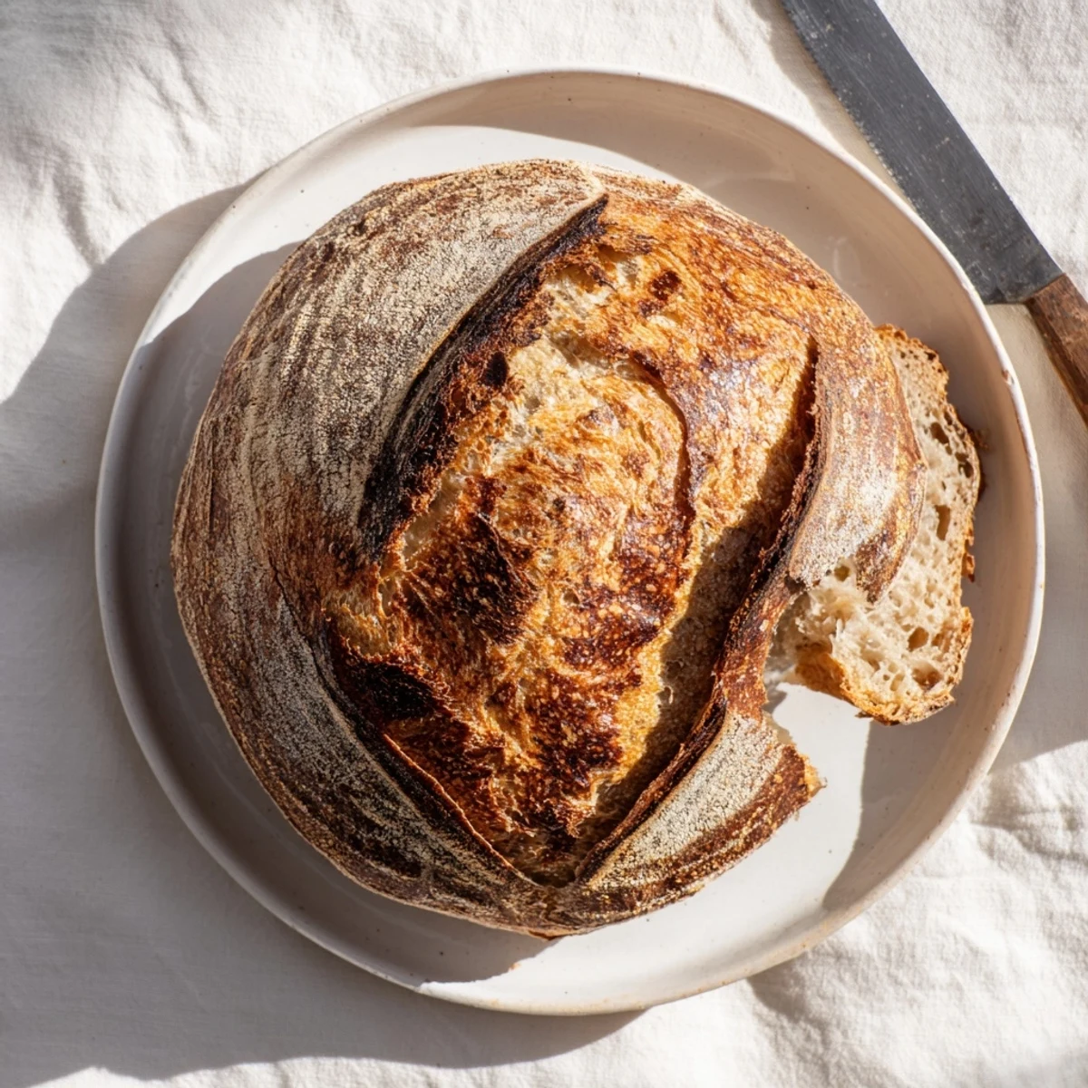 Homemade sourdough bread with wild yeast, displaying perfect oven spring and rustic scoring pattern