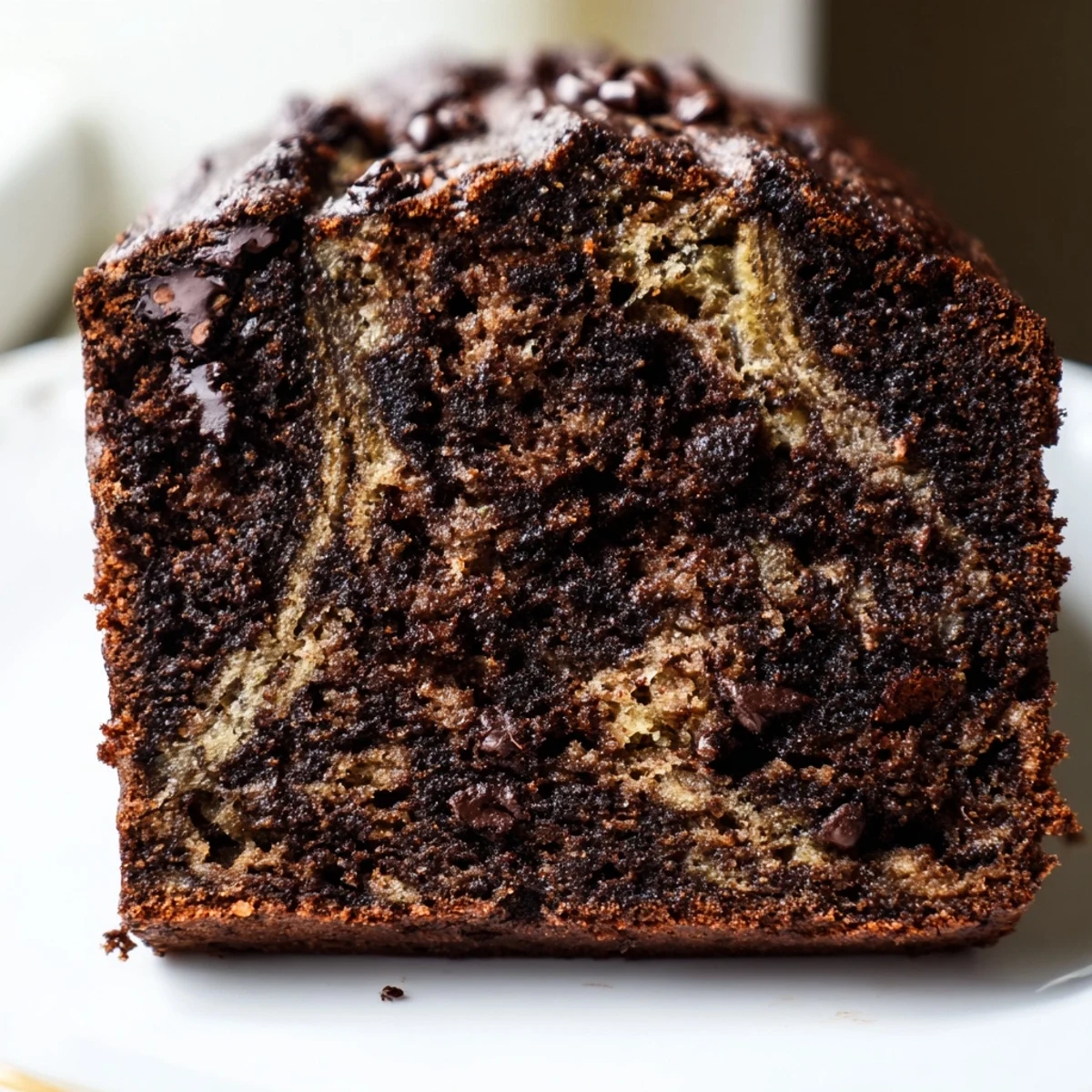 Sliced chocolate espresso banana bread revealing dark chocolate chunks and fluffy interior on a white plate