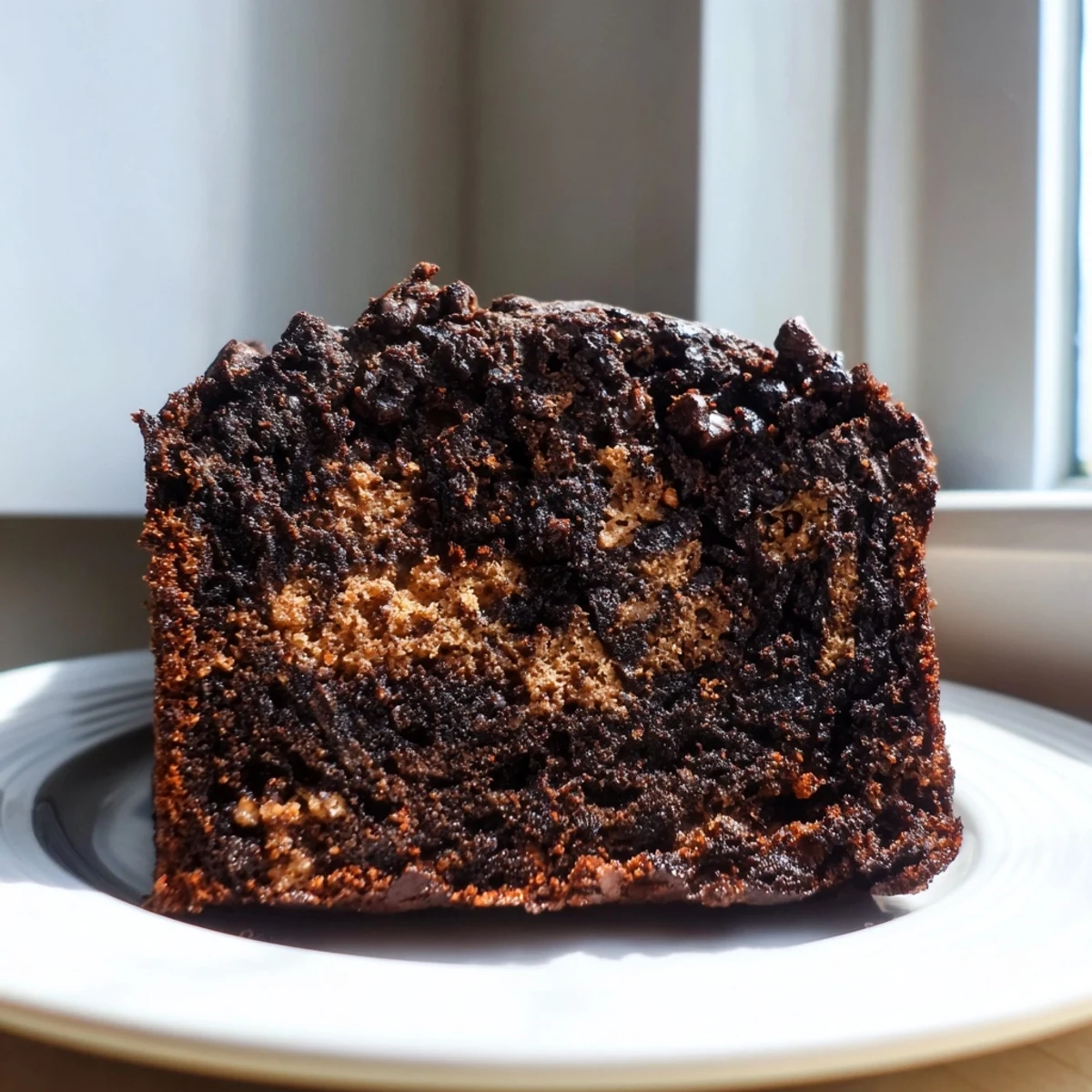 Moist chocolate espresso banana bread loaf studded with melty chocolate chips on a wooden cutting board
