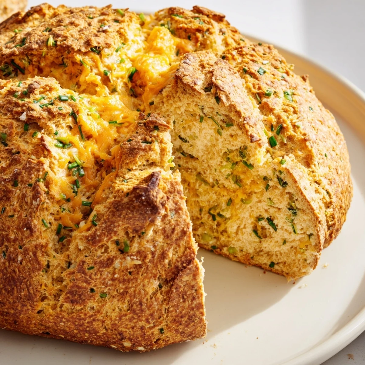 Golden brown cheddar and herb soda bread loaf with a cross pattern on top