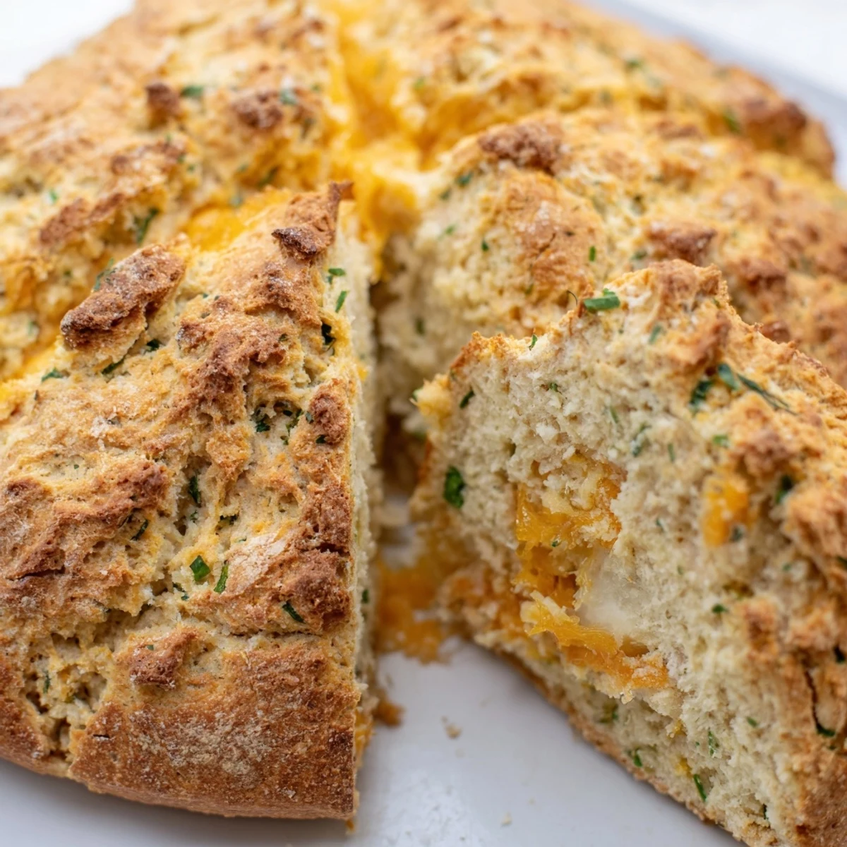 Savory homemade soda bread with melted cheddar and fresh herbs served warm with butter