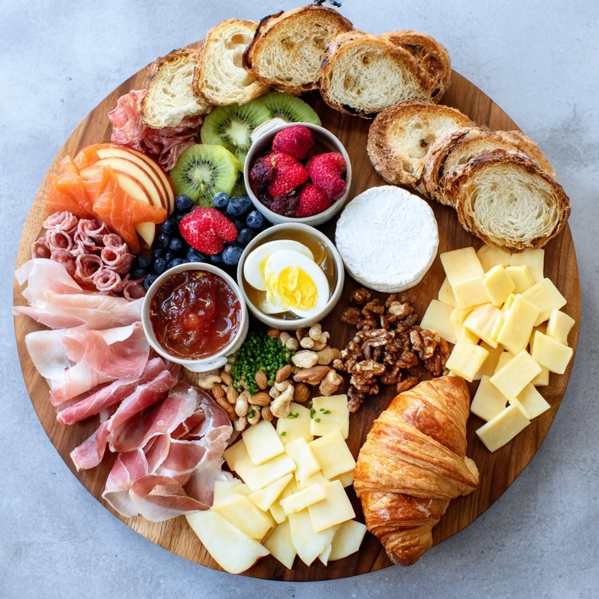 Vibrant breakfast charcuterie board featuring smoked salmon, cheeses, fresh fruit, and spreads on a platter