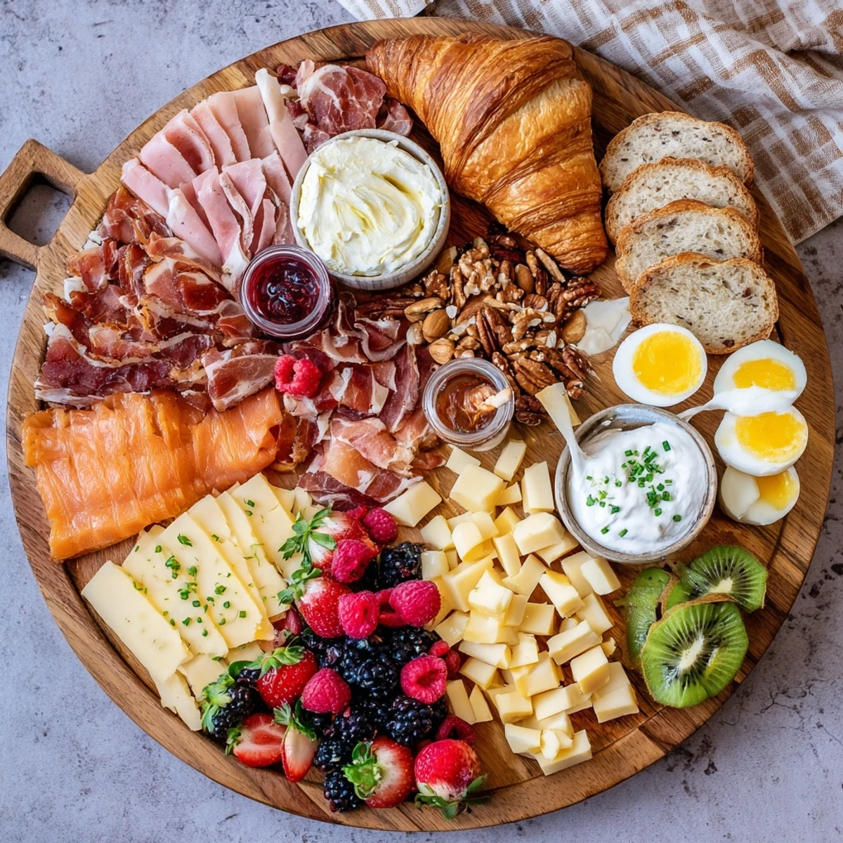 Crowd-pleasing breakfast charcuterie board displaying bacon, eggs, pastries, and colorful fruits for easy grazing