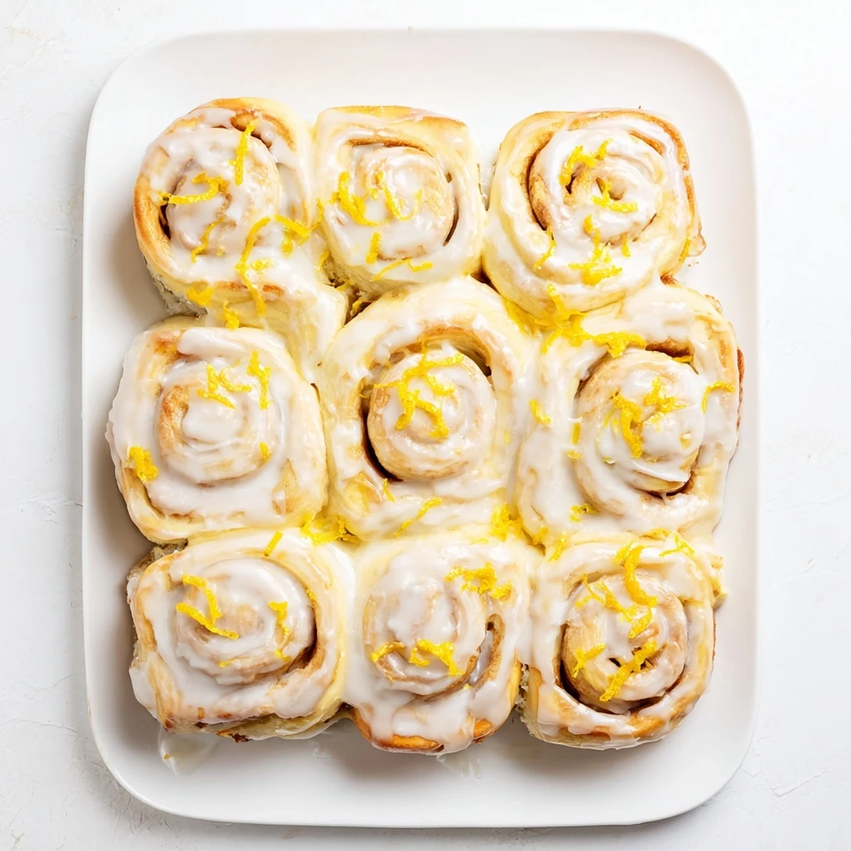 Fresh baked lemon rolls drizzled with tangy glaze on a serving plate