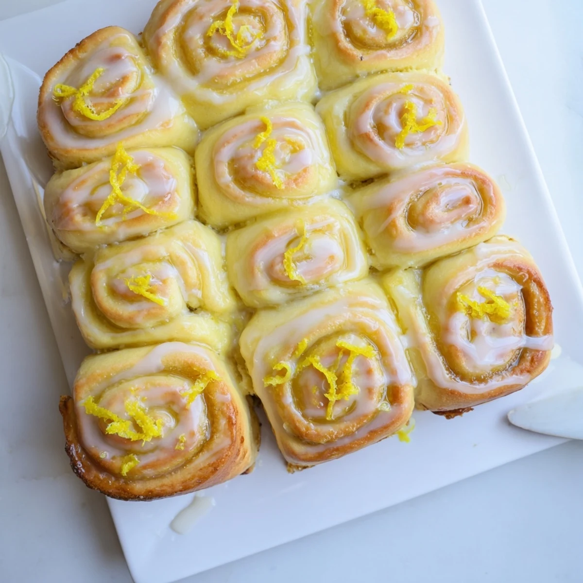 Golden lemon rolls topped with white icing and fresh lemon zest