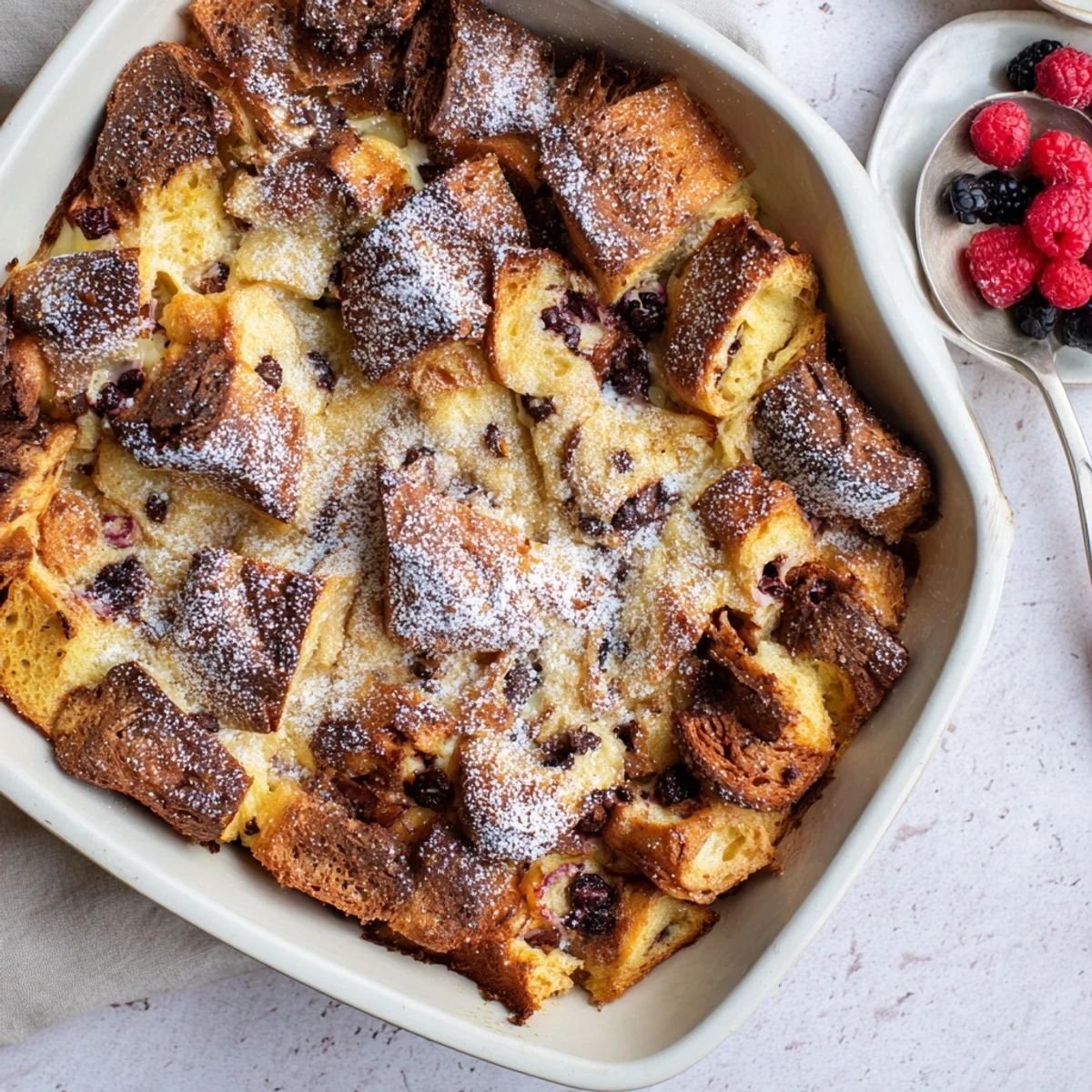 Chocolate croissant breakfast bake served warm with powdered sugar dusting and fresh berries